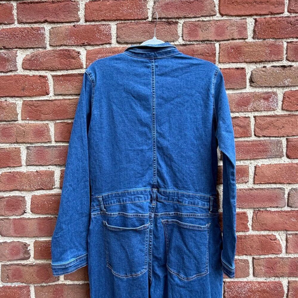 Express Stretch Denim Long Sleeve Button Front Wide Leg Jumpsuit Blue L NEW - Picture 10 of 16